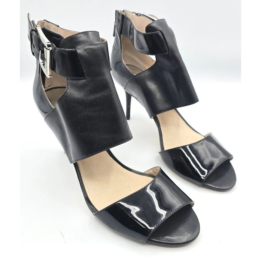 Michael Kors Black Leather Patent Cutout Stiletto Heel Sandals 9.5 Zip Back